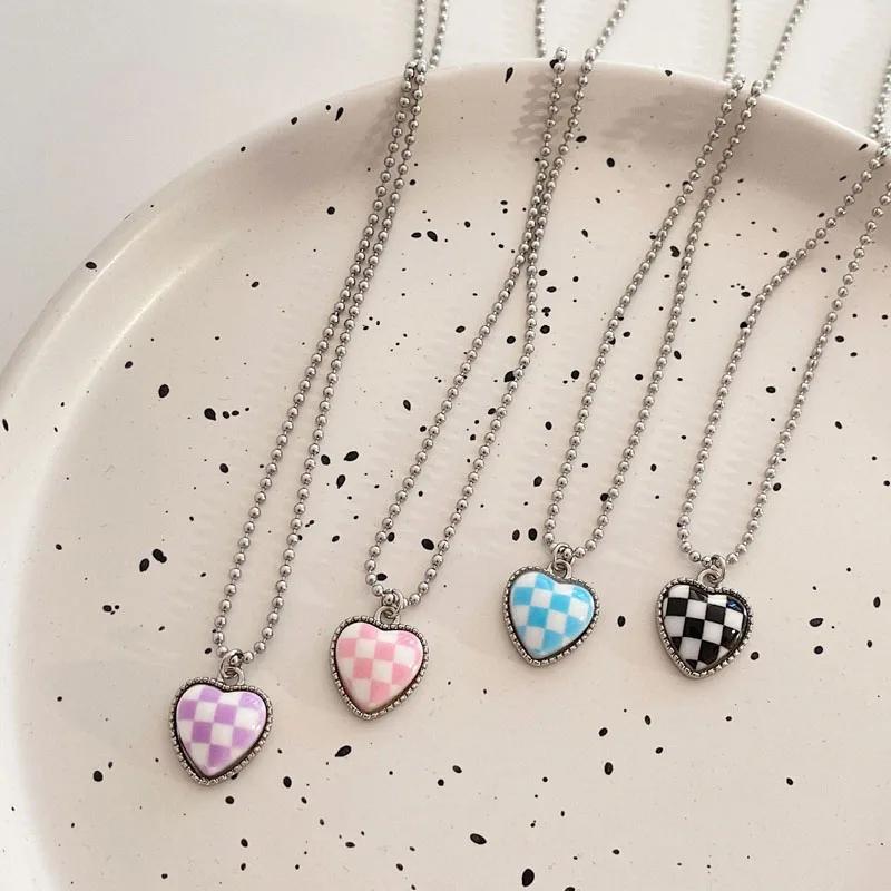 Kpop Vintage Simple Stainless Steel Heart Pendant Necklace for Women Plaid Harajuku Sweater Neck Chain Aesthetic Y2k Jewelry  Украшения | Pendant Necklaces -1005003696505314