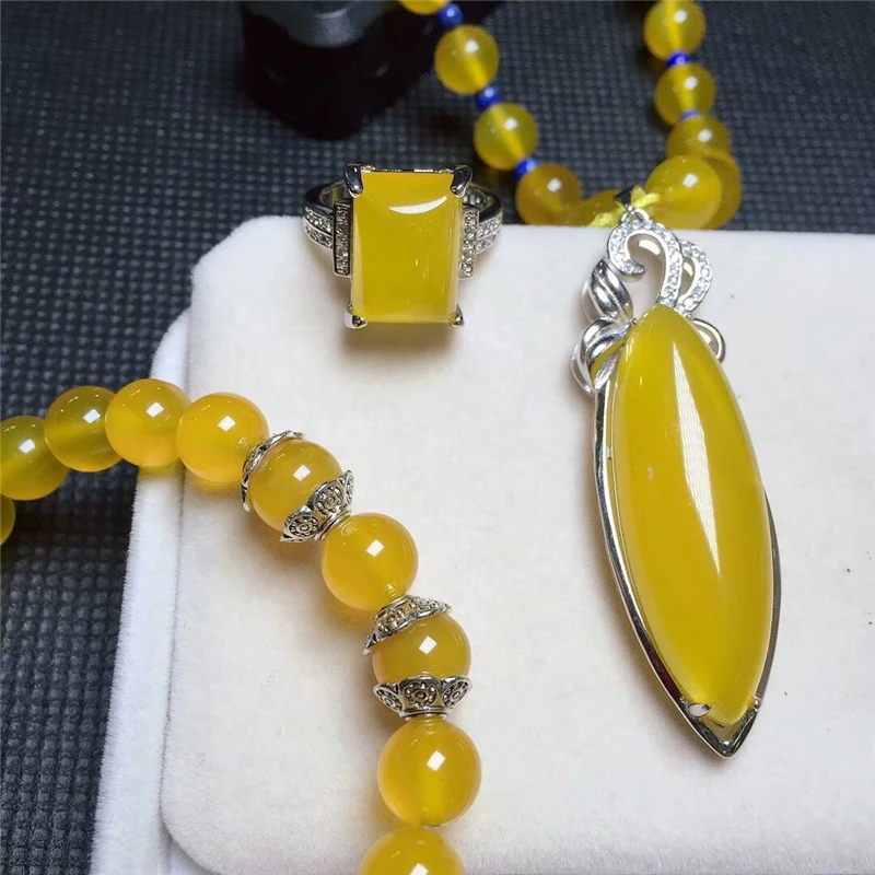 LETSFUN Fine Jewelry 925 Серебро инкрустированные натуральный халцедон желтый кулон ожерелье кольцо браслет набор подарки