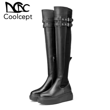 

CoolCept Women Genuine Leather Thigh High Boots Winter Buckle Warm Fur Shoes Woman Zipper Thick Bottom Long Boots Size 34-39