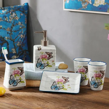 

Washingroom Set Ceramic Crackle Butterfly Soap Liquid Dispenser Toothbrush Holder Cup Soap Dish Bathromm Decorative Supplies