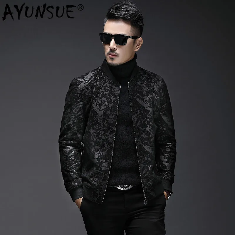 

AYUNSUE Men's Genuine Leather Jacket Short Slim Fit Sheepskin Leather Coat Vintage Bomber Jacket Real Leather Jackets L18-4801