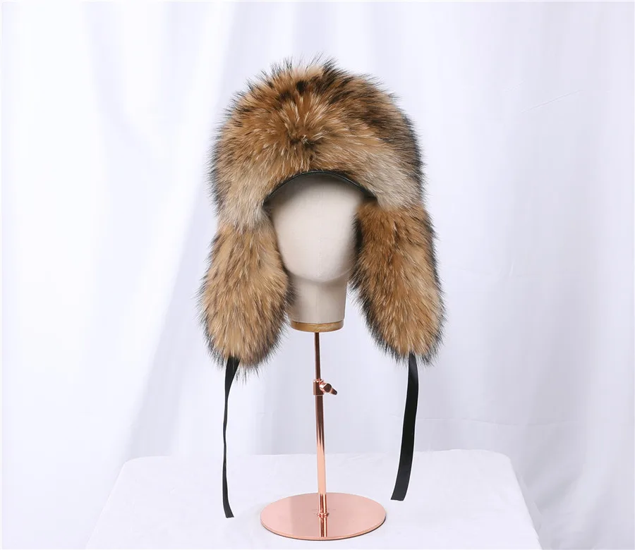 white camo bomber hat 2020 Winter Unisex 100% Real Fox Fur Bomber Hat Raccoon Fur Ushanka Cap Trapper Russian Ski Hats Caps Real Leather Thick Warm thermal aviator bomber winter hat