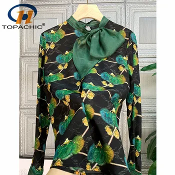 

1.13 2020 New Spring New Women Bow Collar Dandelion Print Silk Temperament fashion Blouse