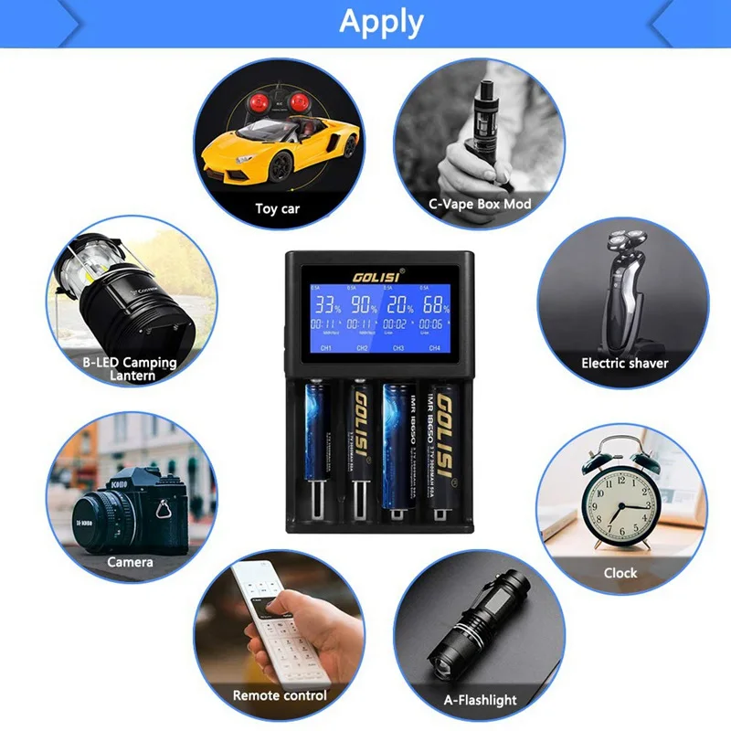 GOLISI i4 Smart Charger 18650 26650 20700 Battery LCD Screen Display USB 4 slots Charging AA AAA Intelligent 2A Fast Charger