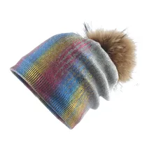 Цветная металлическая шапка с принтом, зимние настоящие шапки с меховым помпоном для женщин, Повседневная шапка в стиле хип-хоп, кашемировая шерстяная шапка skullies