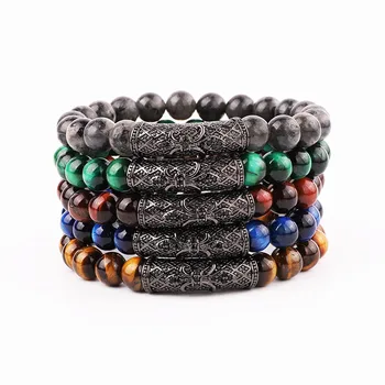 High Quality Natural Tiger Eye Stone Cubic Zircon Tube Charm Elastic Beads Bracelet Jewelry Men