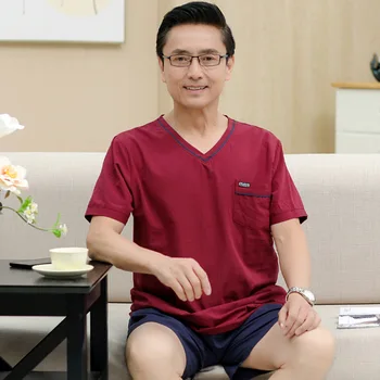 

Middle-aged Pajamas Men's Summer Short Sleeve Shorts Tatting All Cotton Suit Middle-aged Dad Loose and Plus-sized Solid Color Ho