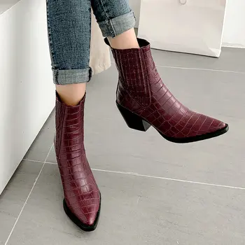 

Pointed Toe Chunky Heel Chelsea Boots Women Faux leather Ankle Boots Fashion Wine Red Black Winter Shoes Woman 2020