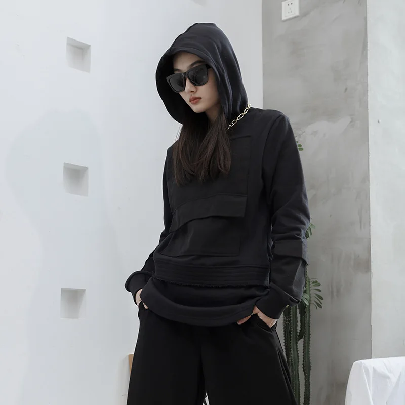 Ladies Long Sleeve Hooded Hoodie Spring And Autumn New Style Personality Stitching Rough Design Leisure Loose Large Size Hoodie