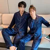 Couleur unie vêtements de nuit en soie Satin Pyjamas Couple ensemble Long bouton-bas Pyjamas costume Pijama femmes hommes vêtements de détente grande taille Pj ensemble ► Photo 2/6