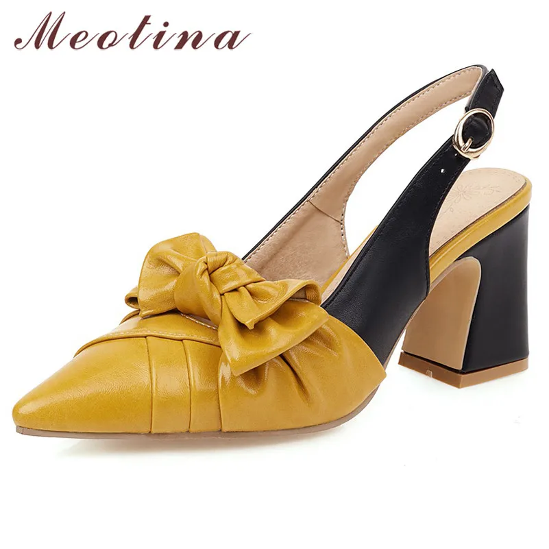

Meotina Bow Super High Heels Pumps Slingbacks Women Shoes Pointed Toe Block Heel Ladies Shoes Summer Party Shoes Yellow Size 43