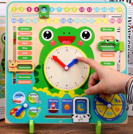 Multi-function 7 in 1 Frog Wooden Calendar Board Game Clock Date Weather  Learning Education for Children Toys for Kids