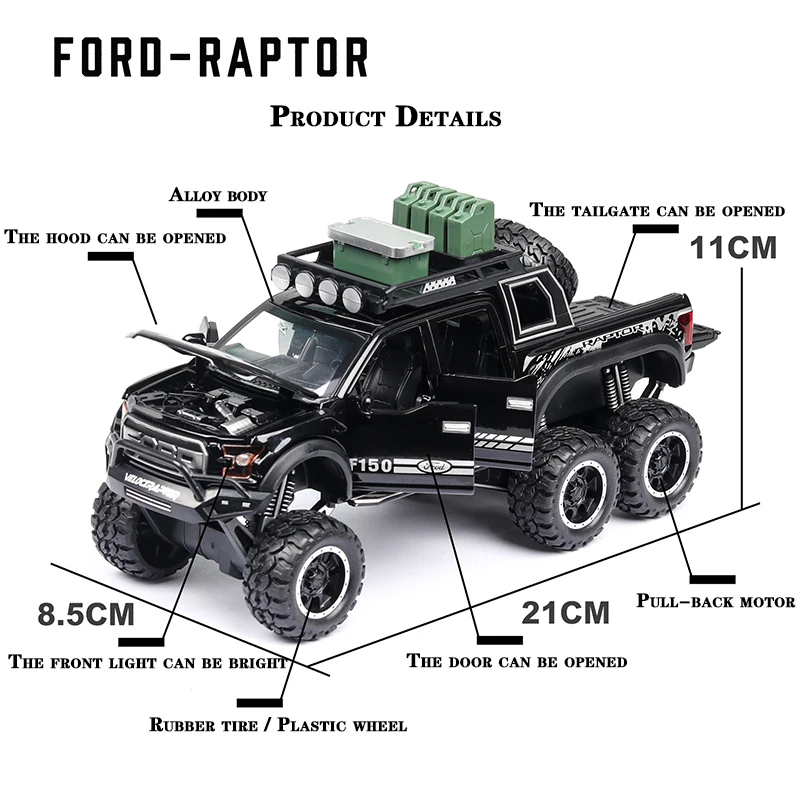  1:32 Diecast F150 Raptor Pickup Alloy Truck Car Model Pull Back Vehicle Model Collection Sound&Ligh