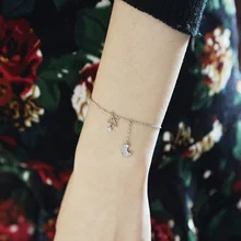 925 серебряные украшения, ножной браслет с крутой Луной и звездами, не симметричный тонкий серебряный ножной браслет в Корейском стиле, украшения для ног в южнокорейском стиле