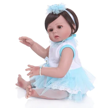 

Reborn Baby Toddler Silicone Reborn Baby Doll Lovely Toys For Children Girls Dolls In Blue Dress about 46cm