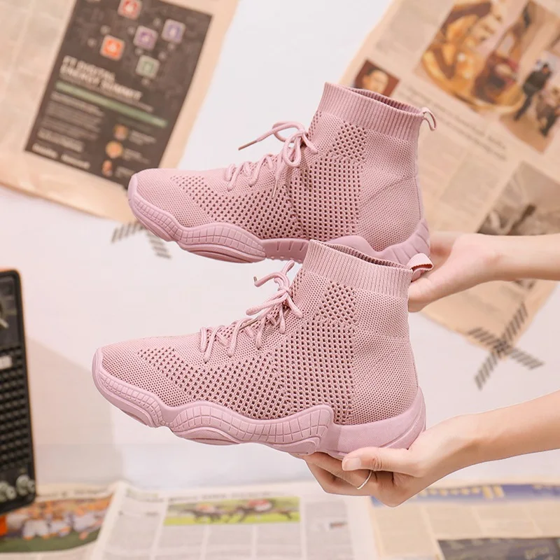 Pink high-top Женские кроссовки из сетчатого материала на шнуровке; однотонная обувь на плоской платформе с закрытым носком; тканевая трикотажная женская обувь на танкетке; сезон весна-осень; 812W - Цвет: Pink high-top