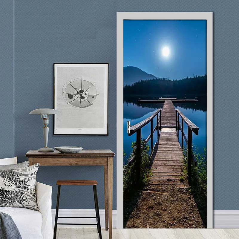 3D обои ночное озеро деревянная Фреска с мостом Гостиная Кабинет Дверь Наклейка