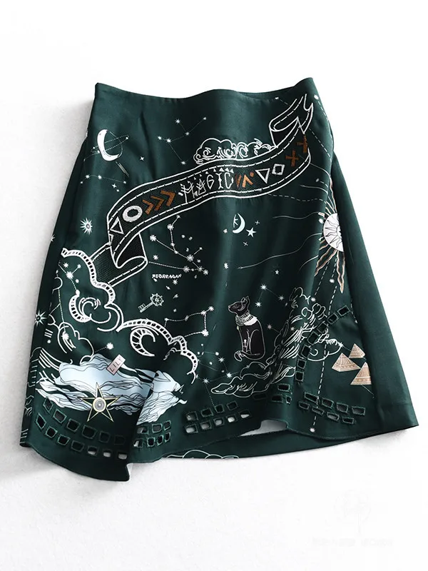 

A Generation of 2019 Summer Retro Star Graffiti Embroidered Irregular Hem Skirt Women's Entity