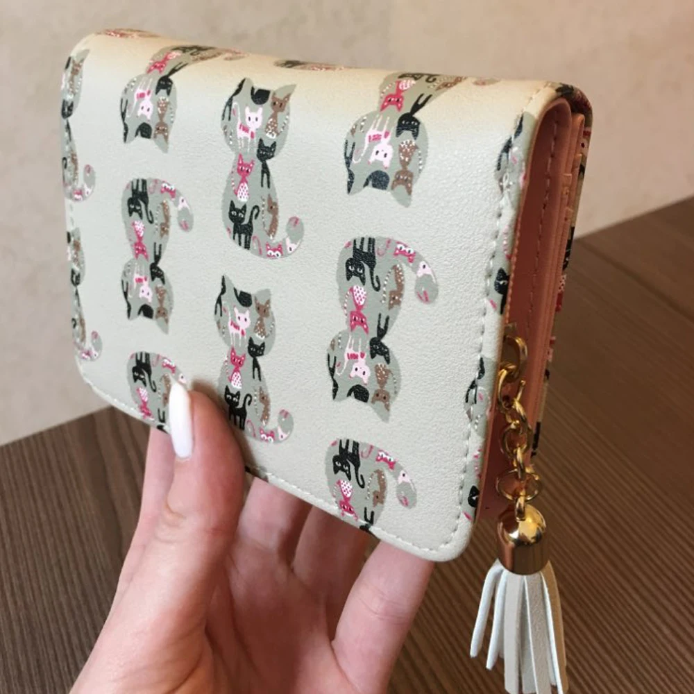 Женский кошелек с кисточками и рисунком кота из искусственной кожи Ptgirl брендовый дизайнерский кошелек для монет женский держатель для карт милый кошелек для девочек