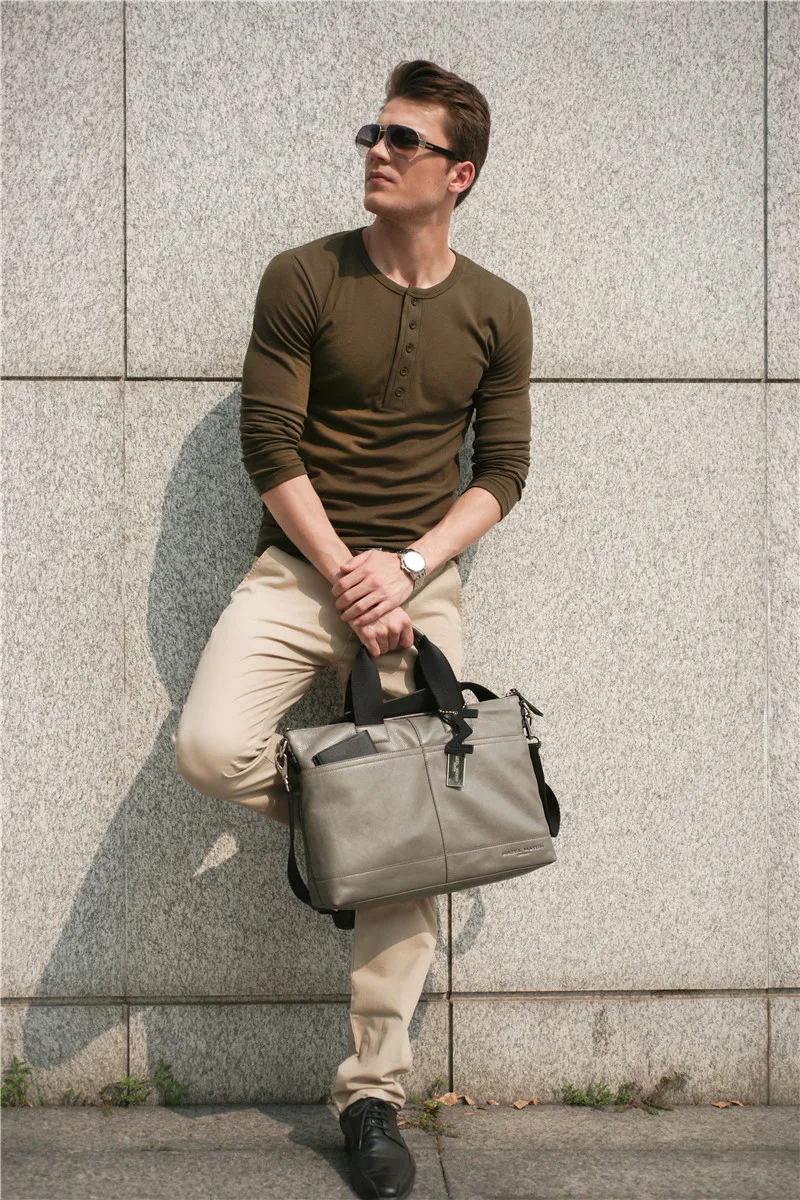Chic Brand Genuine Leather Businessmen's Casual Laptop Briefcase Gray Handbag Authentic Cow Skin Male Large Cross Shoulder Bag
