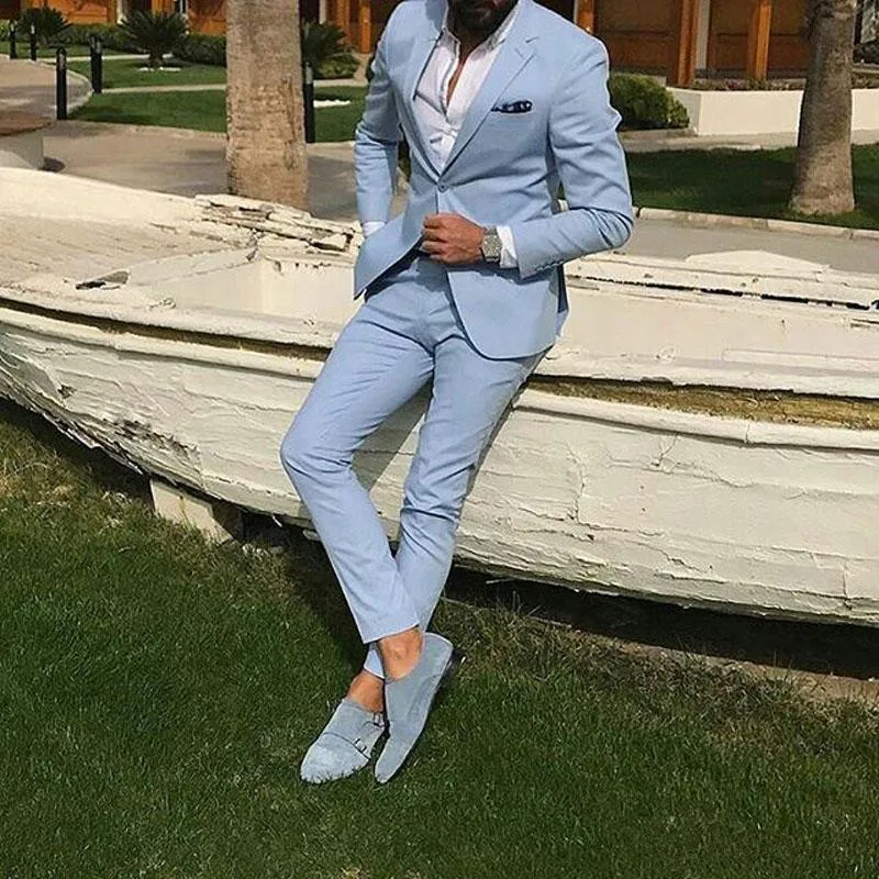 06Light Sky Blue Slim Fit Mens Prom Suits Notched Lapel Groomsmen Beach Wedding Tuxedos For Men Blazers Two Pieces Formal Suit Jacket+Pants