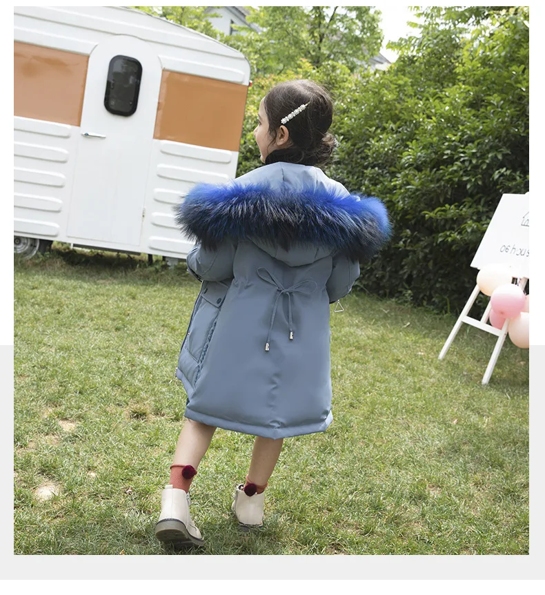 Зимняя куртка для девочек, длинное зимнее пальто с капюшоном и натуральным мехом для девочек, детское пуховое пальто, RT616