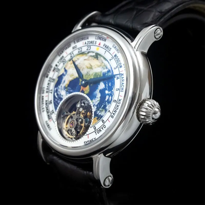 Top Brand Luxury Men Tourbillon Watches Male Sapphire Clock 3D Earth Enamel Dial ST8000 Mens Mechanical Watch Crocodile Leather