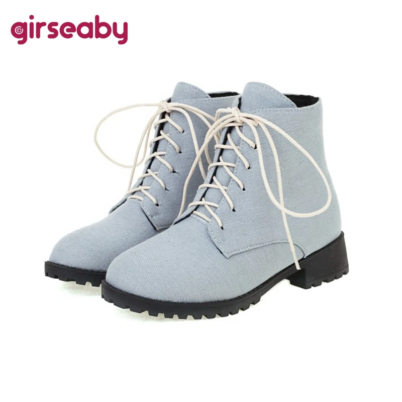 

Girseaby Ladies Lace Up Denim Mid Calf Boots Flat With Heel Blue Short Women's Winter Boots Jeans Adhesive Women Shoes F1320