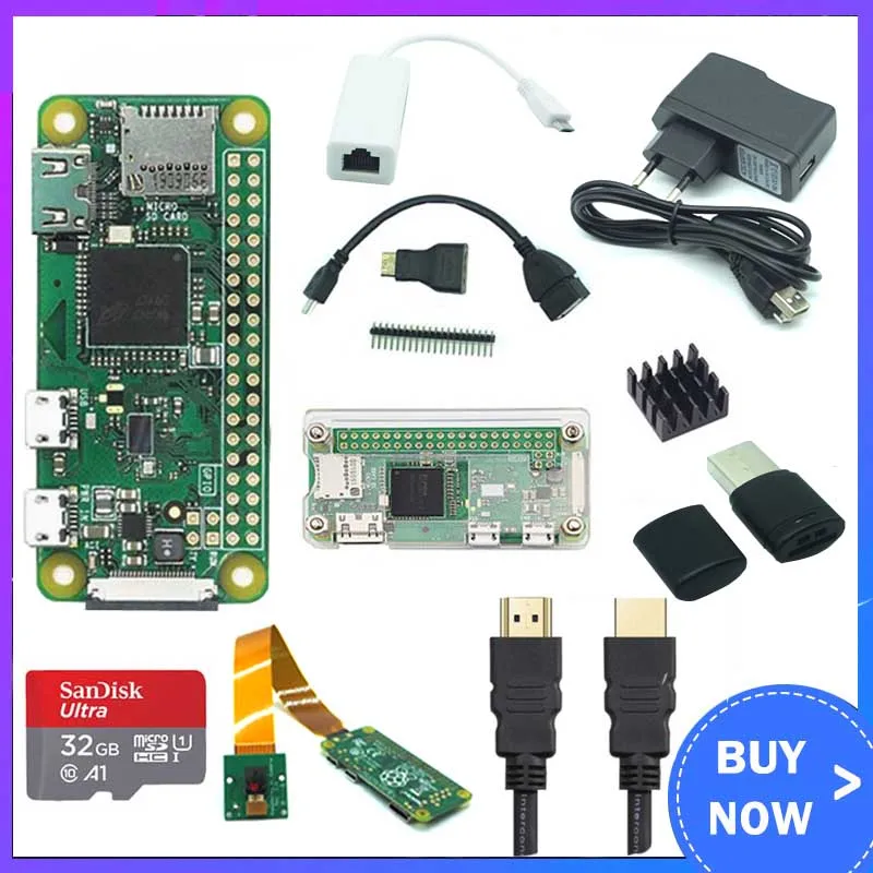Raspberry Pi Zero W Kit + камера акриловый чехол HDMI Power SD карта 32 ГБ сетевая RJ45 теплоотвод