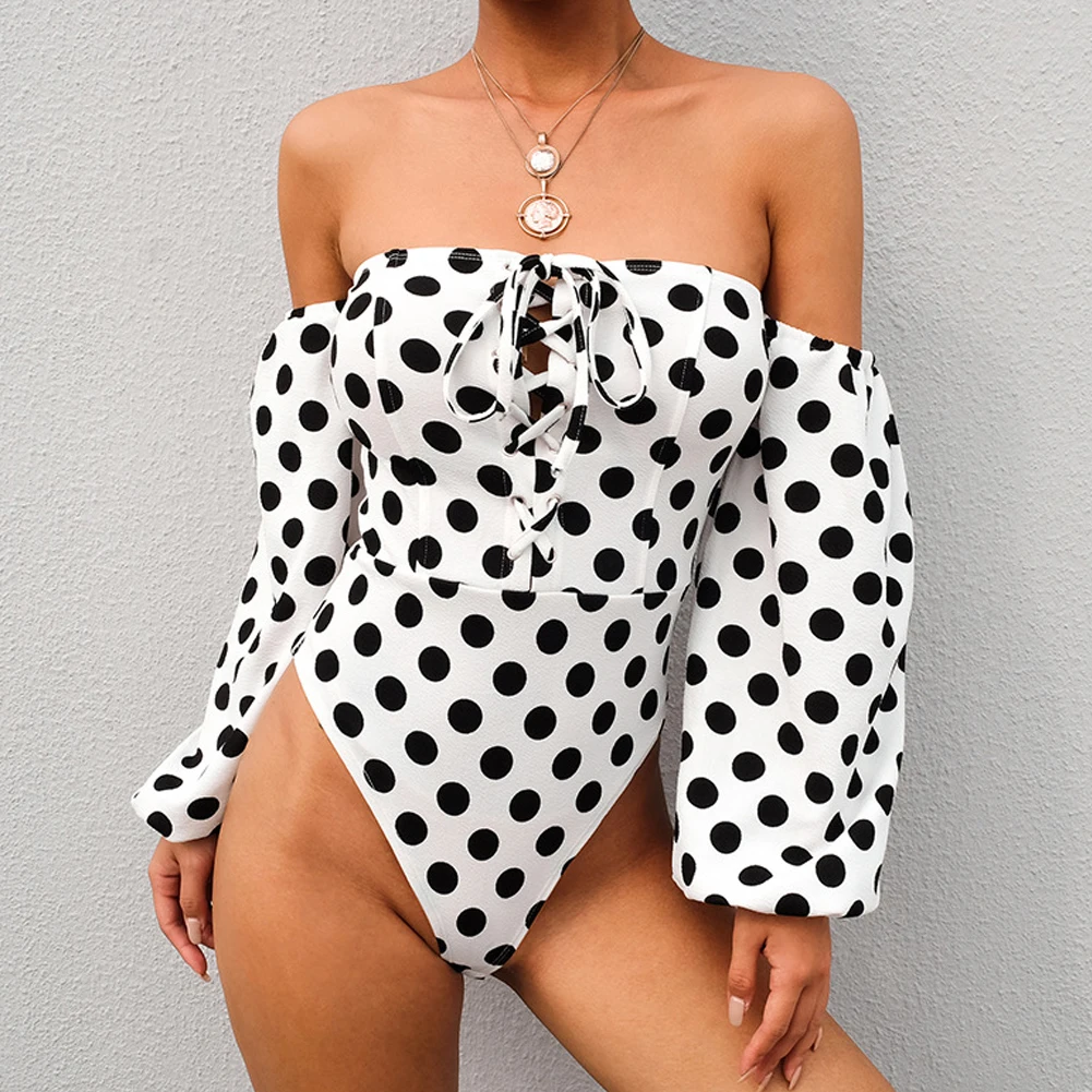 Ladies Womens Off Shoulder Romper Jumpsuit Long Sleeve Body Top Polka Dot Plain Stretch Bardot Bodysuit Leotard Tops