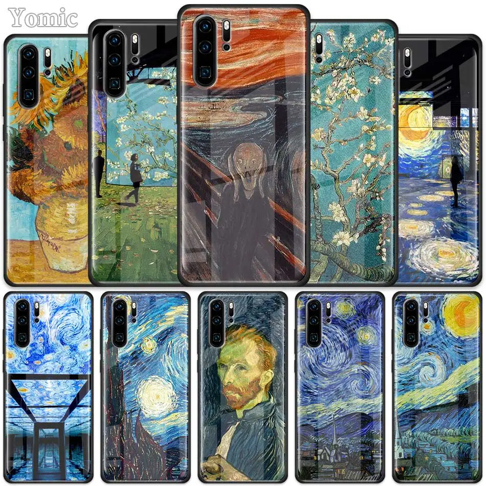 Чехол из закаленного стекла с рисунком звездной ночи Ван Гога для Huawei P30 P40 Pro Plus P20