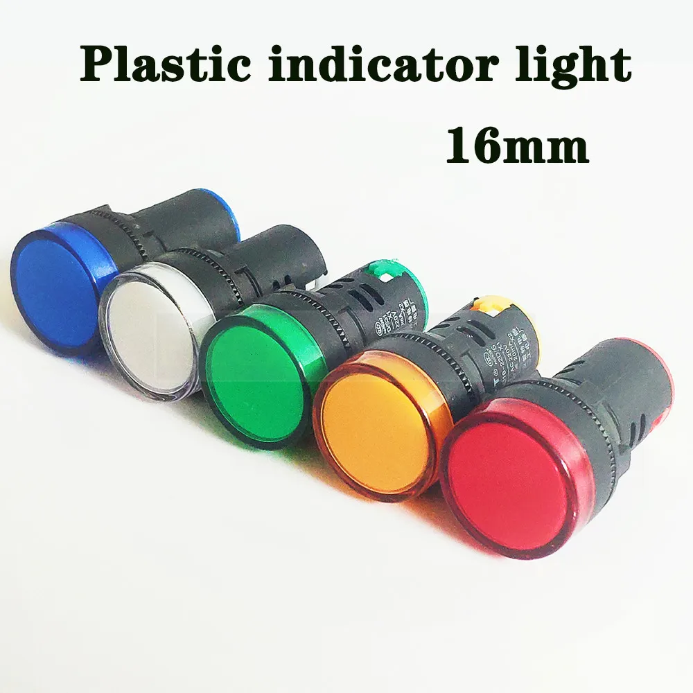 Светодиодный светильник с пластиковым индикатором 16 мм, водонепроницаемый сигнальный светильник, мощный светильник DC12V DC24V AC220V, красный, желтый, зеленый, белый, индикационный светильник