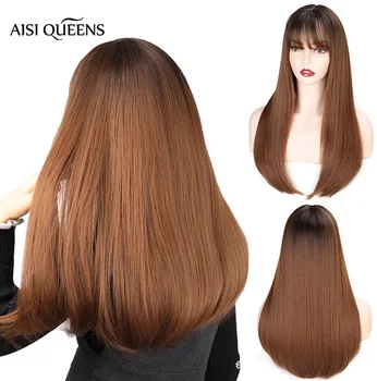 

AISI QUEENS Long Straight Synthetic Wig with Bangs Dark Root Ombre Brown Wigs for Black White Women Cosplay Heat Resistant Hair
