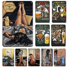 Vintage Beer Poster Tin Sign Decorative Metal Plates Retro Tiki Bar Signs Shabby Chic Sexy Pin Up Girl Sticker Home Wall Decor