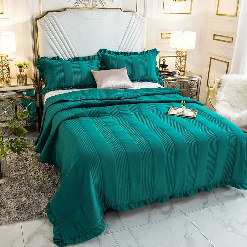 Green Blue Soft 100 Washed Cotton Ruffle Bedspread Coverlet Bed Cover Set Blanket Summer Quilt Bed