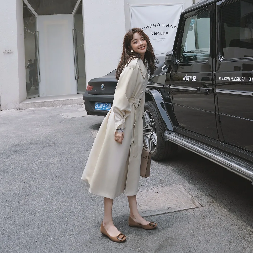 

Photo Shoot 2019 Autumn New Style Korean-style WOMEN'S Wear Retro CHIC-Style Single-Breasted Waist Hugging Lace-up Long Trench C