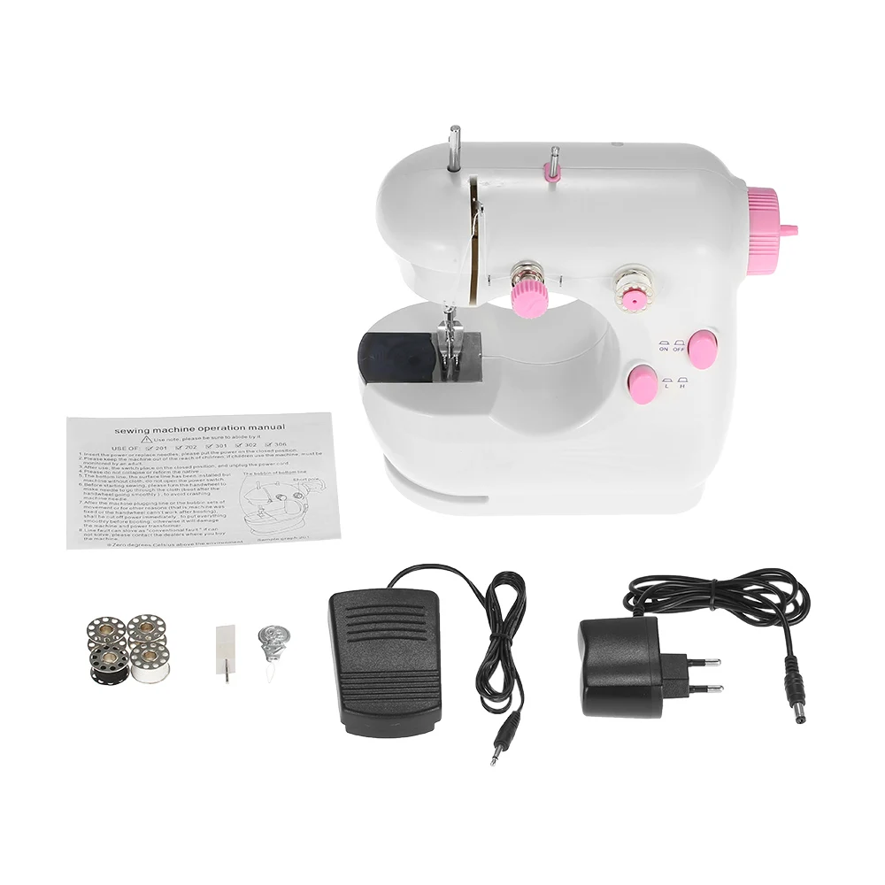 Pink EU Plug Педальная мини-швейная машина электрическая бытовая швейная машина Регулируемая высокая/низкая скорость с педалью светодиодный светильник - Цвет: Pink EU Plug