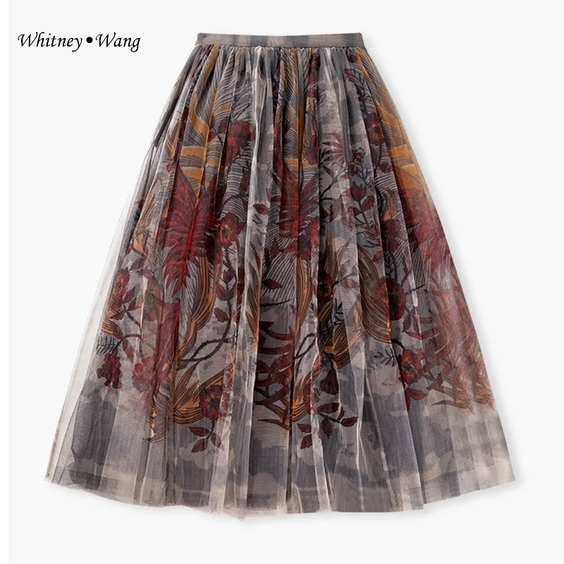 WHITNEY WANG,, Весенняя мода, уличная одежда, с принтом, сетка, бальное платье, юбка для женщин, элегантная Офисная Женская юбка, праздничная одежда