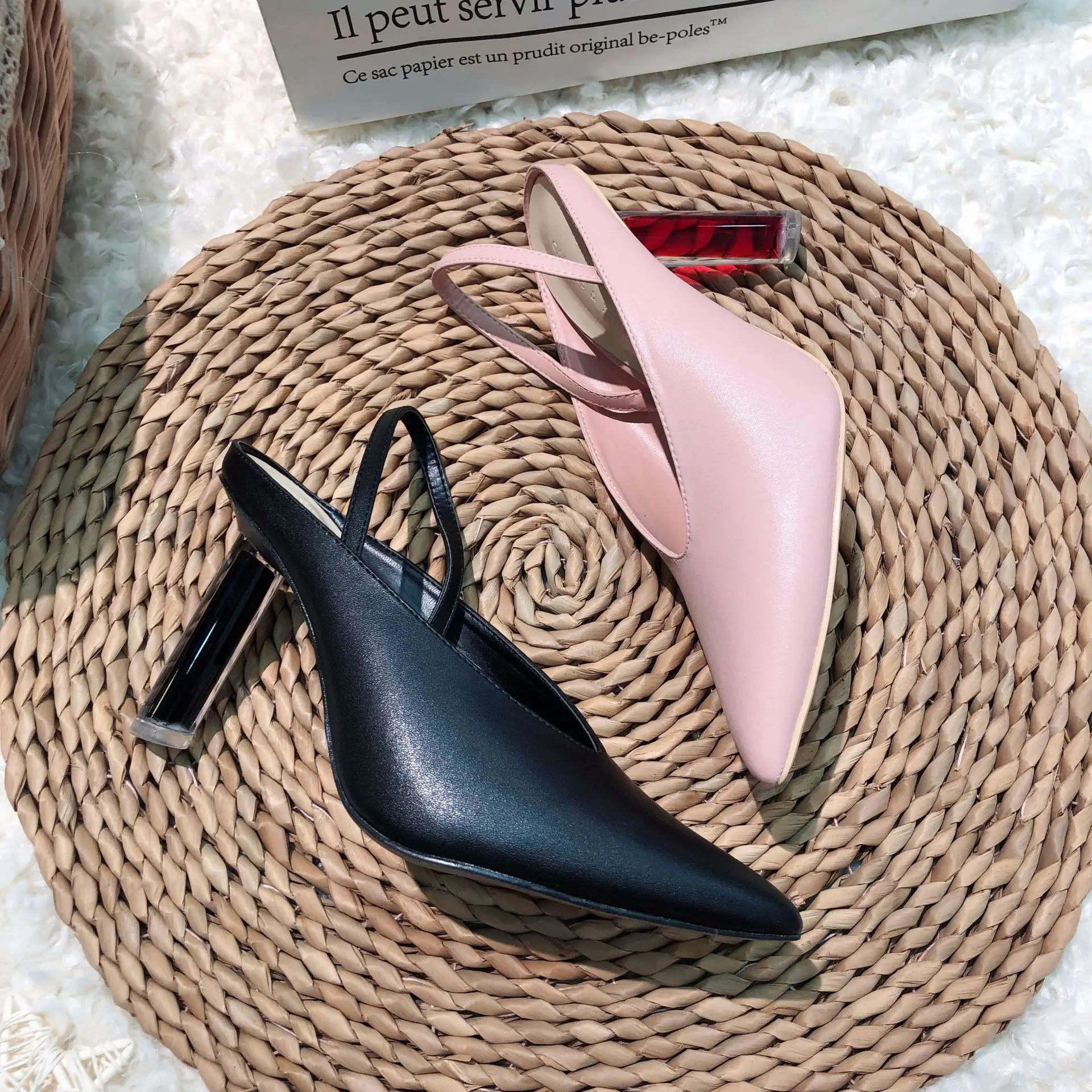 

High Heel Shoes Early Season New Style shui jing gen Pointed-Toe Cutout-Back Ride Low-Cut Fashion Shoes Women's Party Shoes