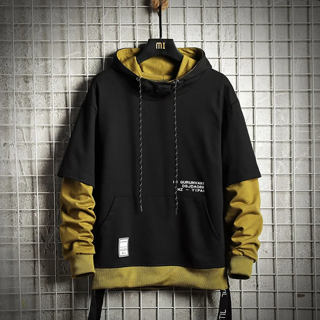 

Hoodies Men New Fashion Loose Stitching Fake Two-piece Hooded Sweatshirt Pullover Sweater Top Champion Hoodie 2019 New