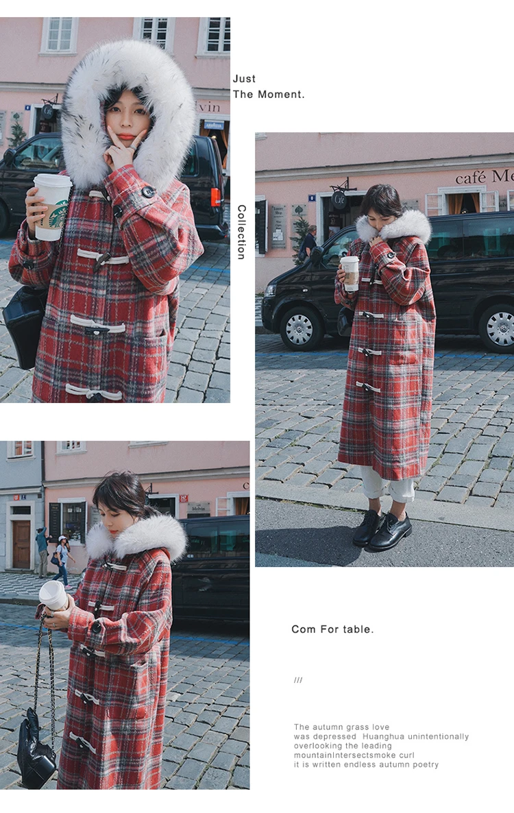 Новая Корейская женская зимняя клетчатая Длинная шерстяная куртка с капюшоном больших размеров d с большим шерстяным воротником, женские пальто больших размеров, топы YL435