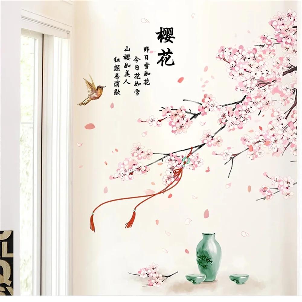 

Japan Style Cherry Blossoms Wall Stickers Flowers Girl Bedroom Decor Art Living Room Background Wall Decal Wall Decoration Mural