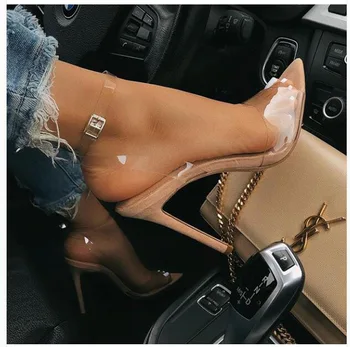 

Nude color PVC sexy Lucite Sandalias open toe buckle ladies high heels summer shoes transparent high heels transparent sandals