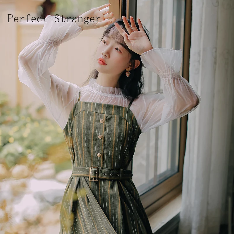 High Quality Retro 2020 Autumn New Arrival Two Pieces Stand Blouse +Brace Long Dress