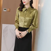 

Fashion Women's Shirt Printed Floral Satin Blouses for Women Vintage Long Sleeve Top Woman Button Up Clothing Female Basic Shirt
