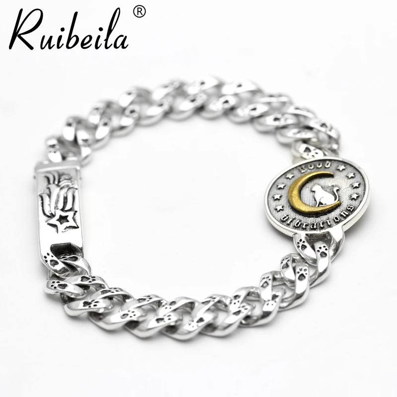 Muslimah Silver Star Moon Mignon Chat Chat Empreinte Bracciale Femme Retro Thai Argent Bracciale Bijoux Cadeau