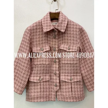 

2020 early spring high quality women's pink tweed woven pocket suit Thin wool jacket casual jacket silk lining