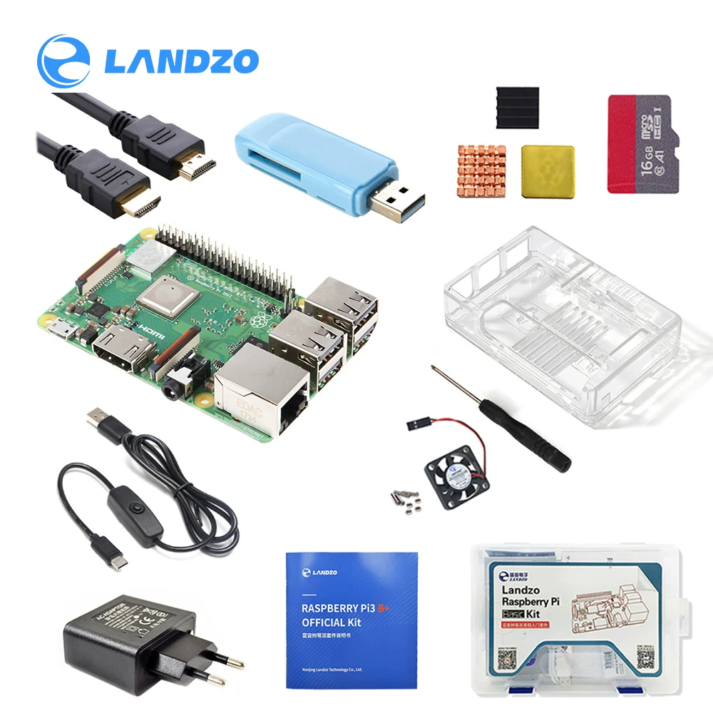 

Original Raspberry Pi 3B+ basic use kit with case heat sink EU power and 1.5m HDMI cable and USB card reader