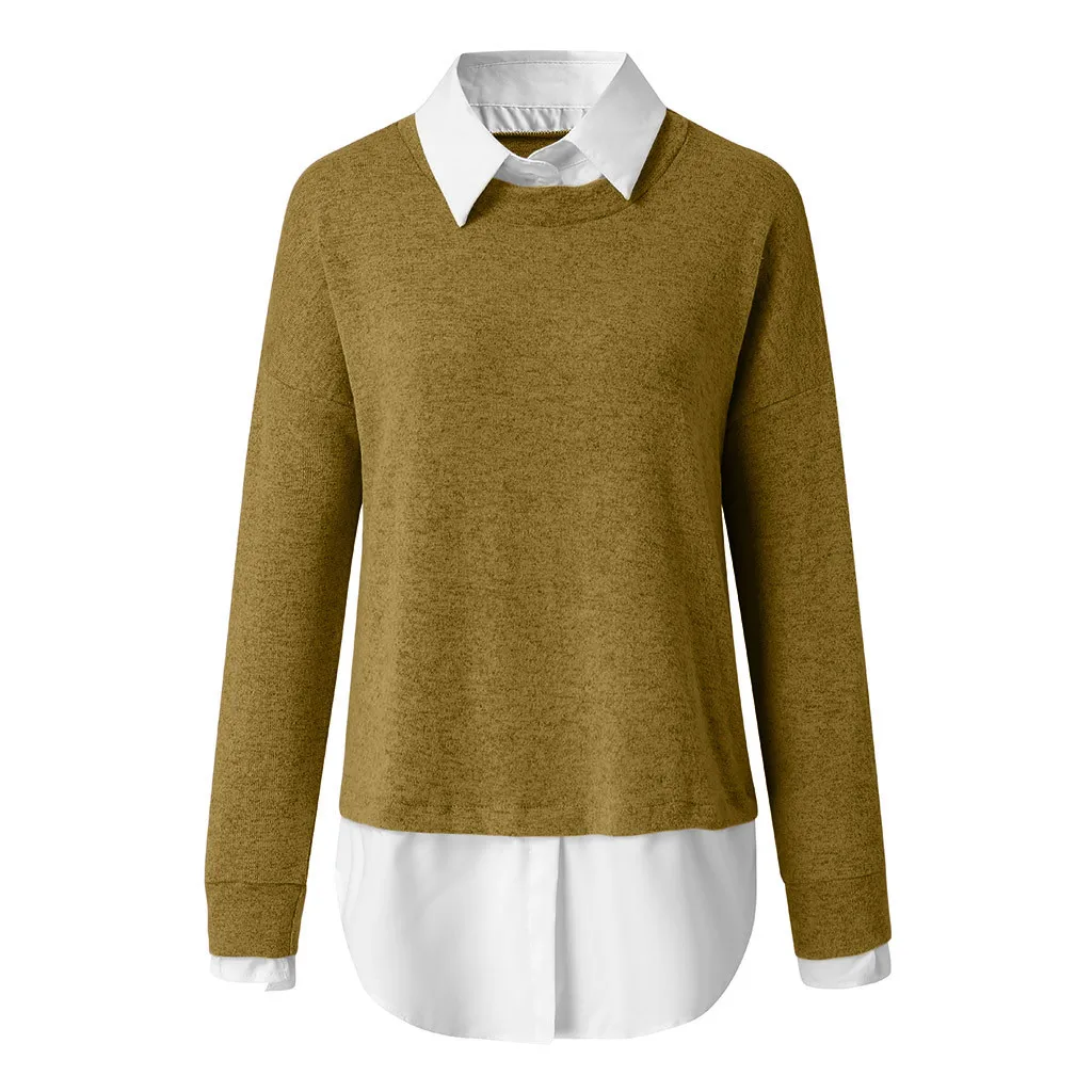 Женский зимний модный праздничный Однотонный свитер с длинным рукавом, блузка, рубашка, свитер, имитация двух частей