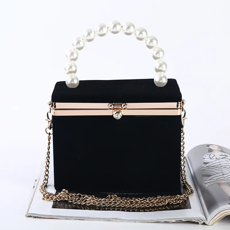 

New Box-shaped Dinner Bag Pure Handmade Pearl Hand-held Dinner Velvet Dinner Handbag